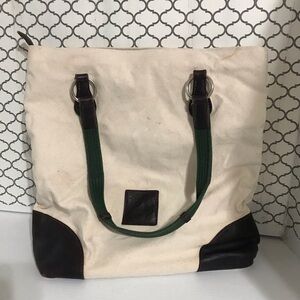 Rebecca Ray Canvas Tote with Green Straps and Dark Brown Leather Trim